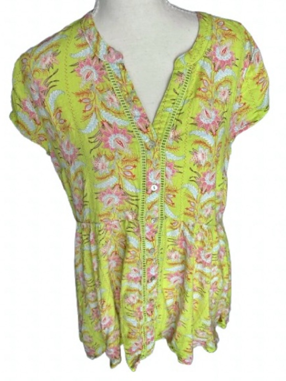 Medium VINTAGE AMERICA Floral Green Yellow Button Top Shirt Buttons Boho Flowers